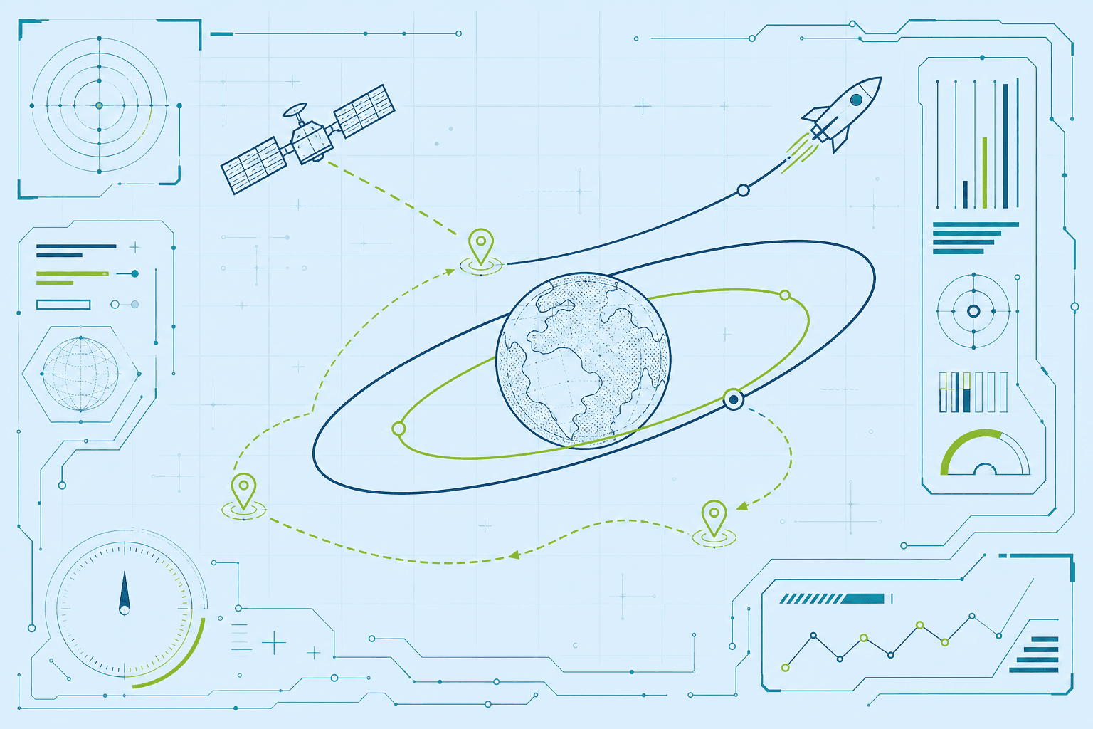 Mission-control diagram: a planet with orbit rings, a rocket on a trajectory arc, a satellite, waypoint markers, blueprint grid and instrument dials in teal, navy and lime.